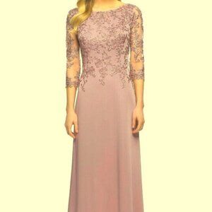 La Femme Blush Lace Appliqué Chiffon Maxi Dress